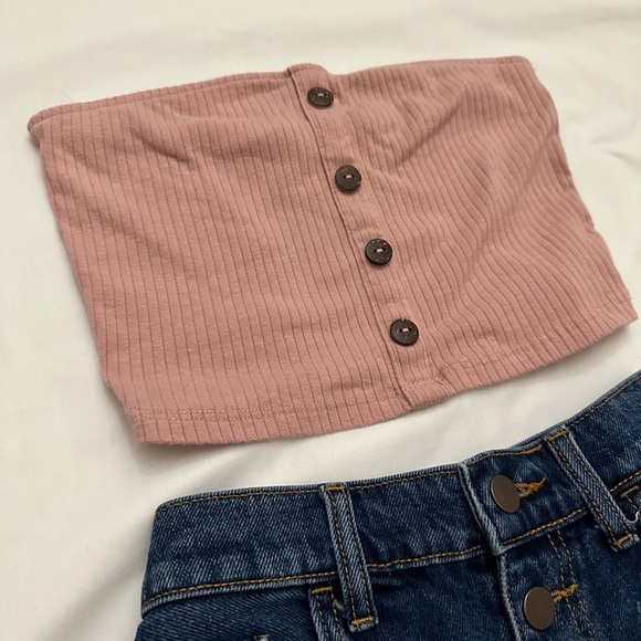 Pink Ribbed Buttoned Tube Top Crop Top Size Small - Picture 2 of 3